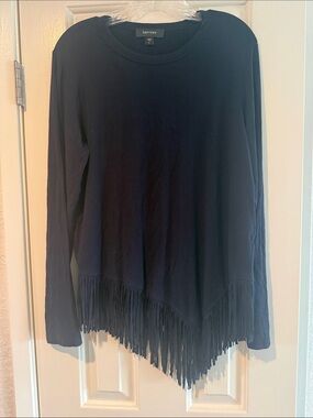 Karen Kane Navy Crew Neck Long Sleeve Top Asymetrical Fringe L